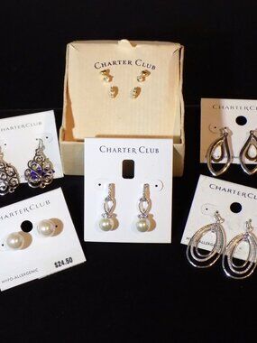 New Lot 7 Pairs $130 MSRP Charter Club Earrings Bundle. Sterling, Kiska Pearl